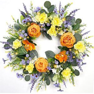 22'' Peony Floral Summer Fall Wreaths for Front Door & Lights Timer